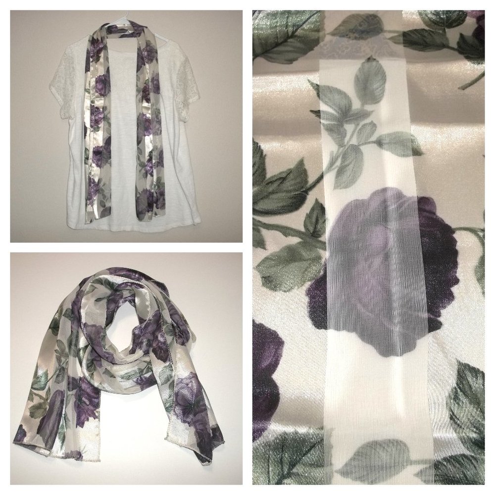 Scarf Cream with Purple Roses Long Lightweight Fashion Accessory for Her S11